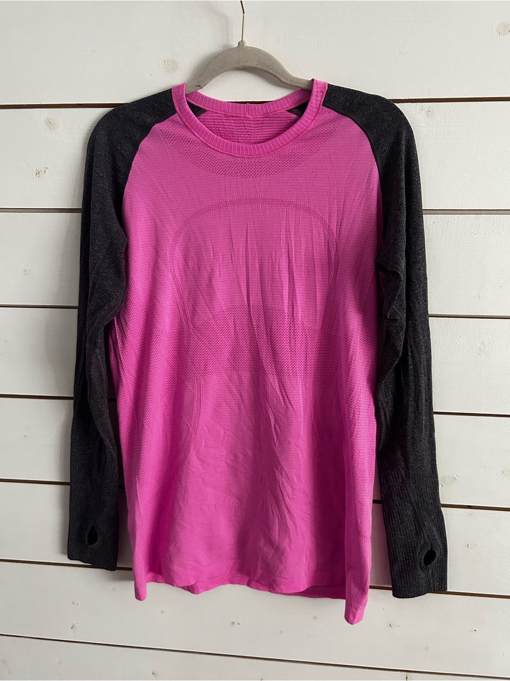 Lululemon Women's 12 Pink Grey Long Sleeve Raglan Swiftly Tech Thumbhole Gym Top